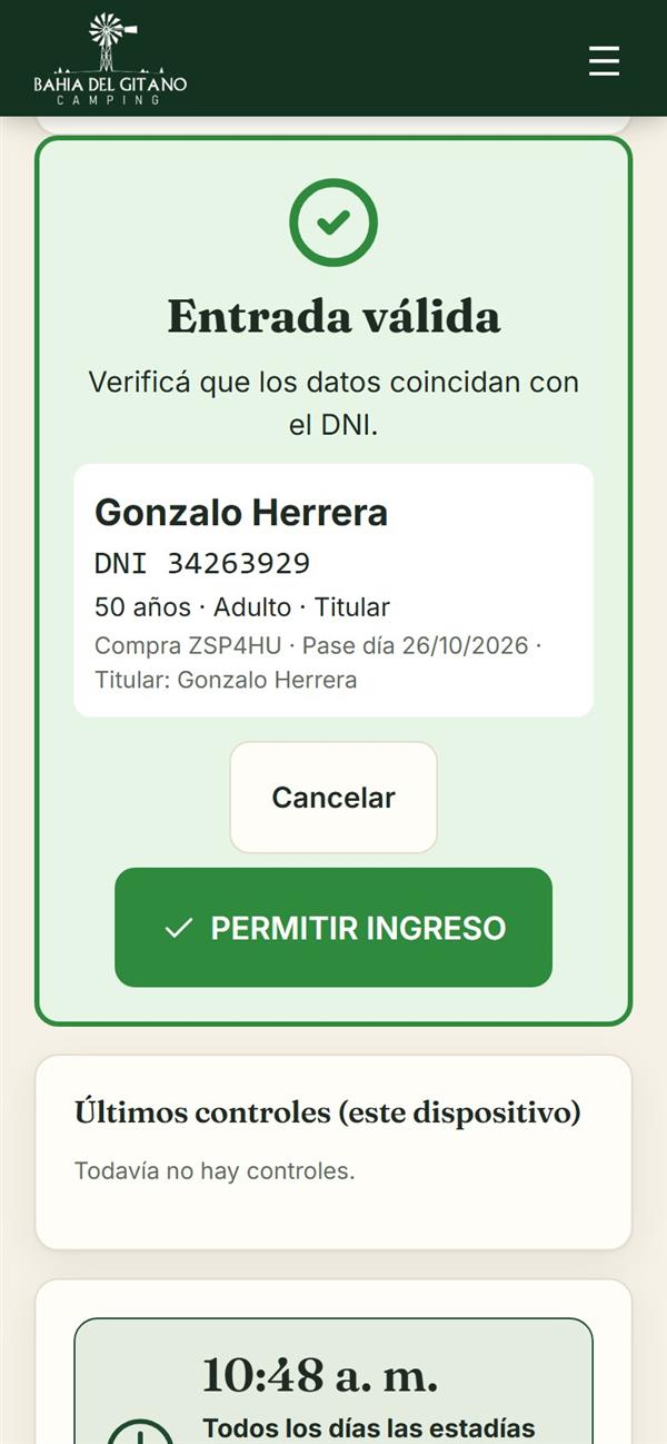 Pantalla de control mostrando una entrada válida