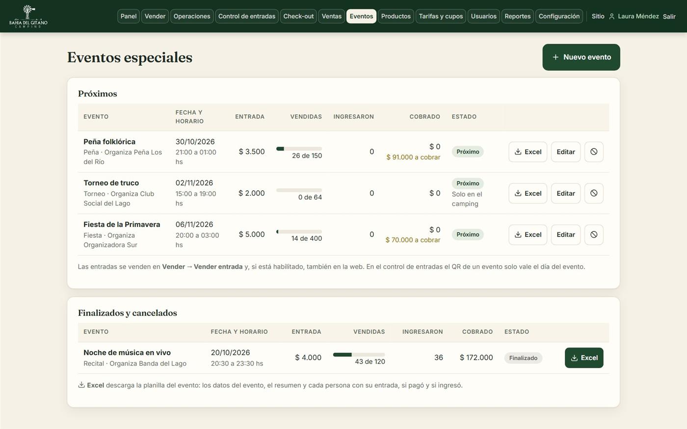 Lista de eventos del camping