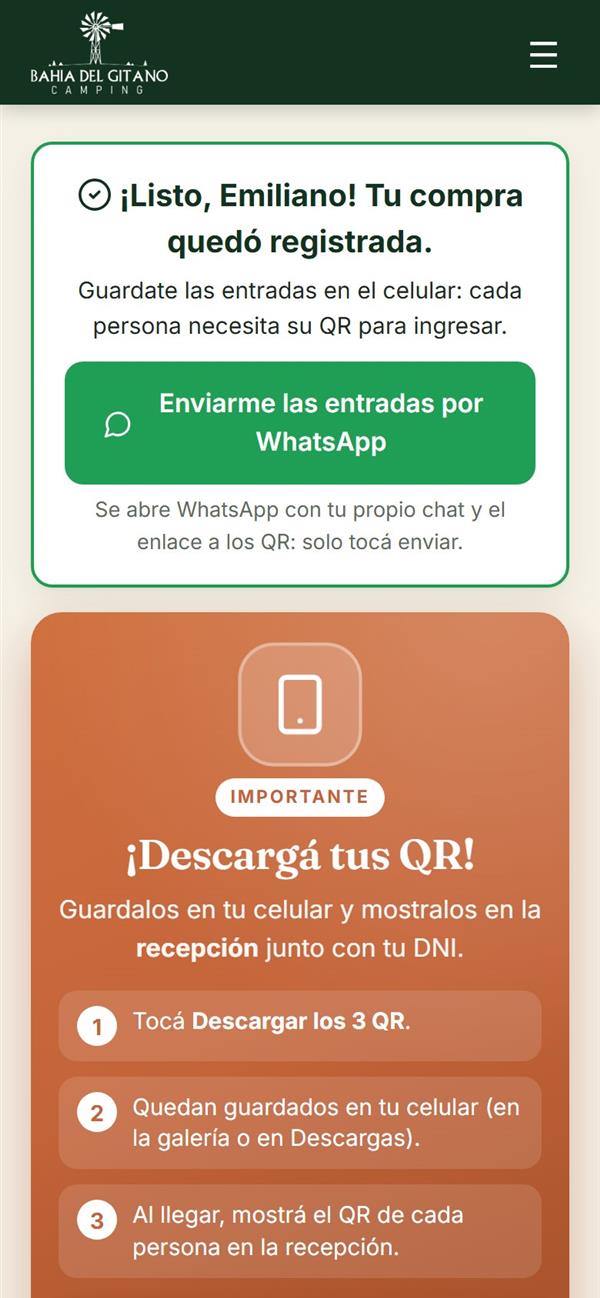 Entrada pagada en el celular del cliente
